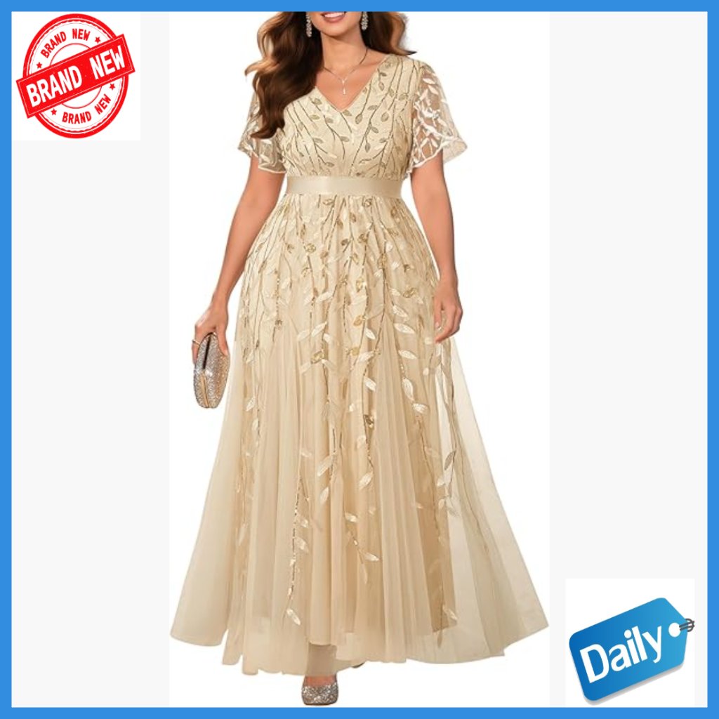 Plus Size Formal Evening Gown Sequin Embroidery V-Neck Prom Dress